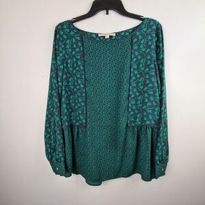 LOFT Womens Green Mixed Floral Peplum Blouse Long‎ Sleeve Boat Neck Top Size M